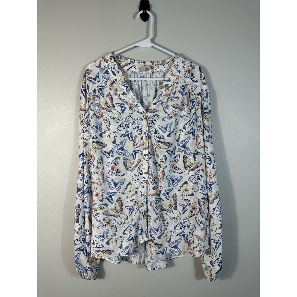 Kate & Sam Shirt Blouse XL Multicolor Butterfly Print Button‎ Up Rayon Boho
